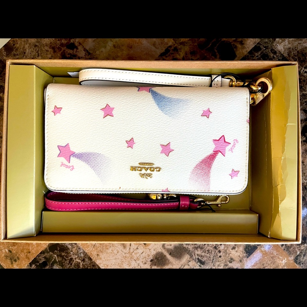 Brand new white Coach with stars and 2 wrist straps zipper wallet